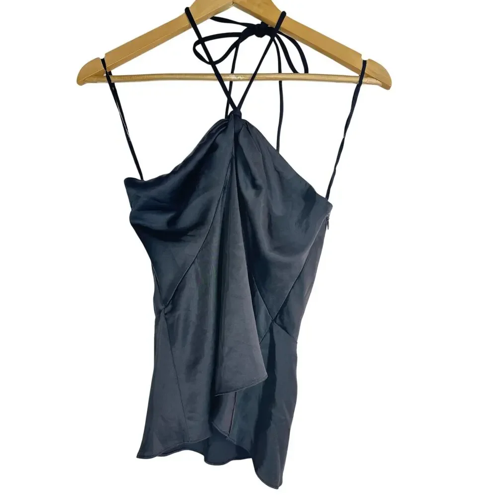 A.L.C. Anita Top Satin Sleeveless Sweetheart Neck Halter Tie Smocked Black 10
